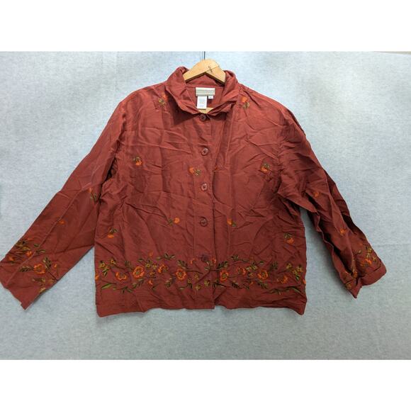 Coldwater Creek Silk Jacket Women's M Rustic Brown Embroidered‎ Floral Button Up - Picture 1 of 6